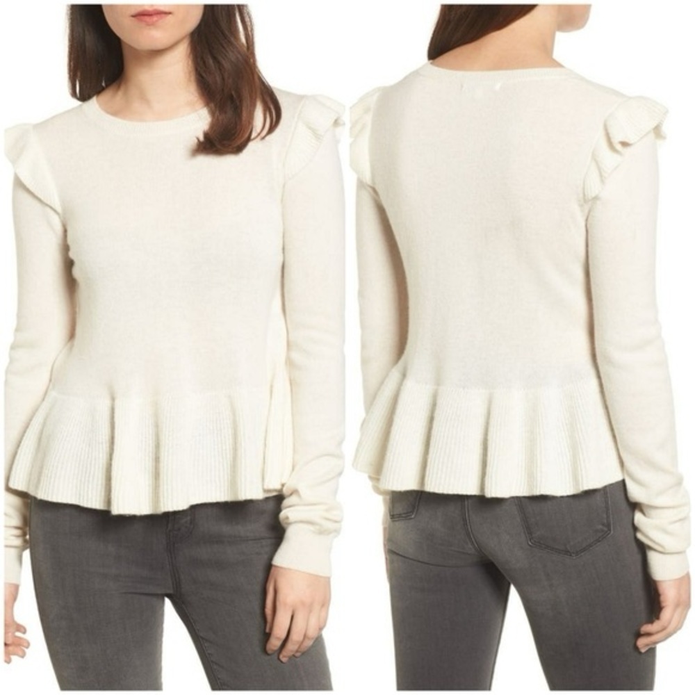 Rebecca Minkoff Cashmere Blend Ruffle Hem Sweater Cream Size Small - Picture 2 of 7